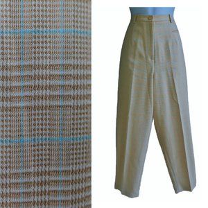 28x27.5 Vintage Houndstooth Plaid Pants Ultra High Waist Tan Blue Zip Fly